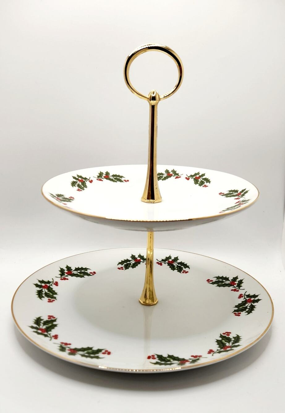 Vintage Christmas Holly Fine Porcelain Japan 2 Tier Serving Tray Gold Trim